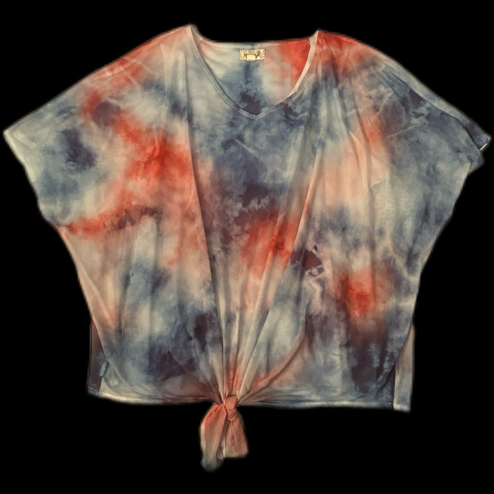One World Live and Let Live Red & Blue Tie-Dye Tie-Front V-Neck Top Size Large